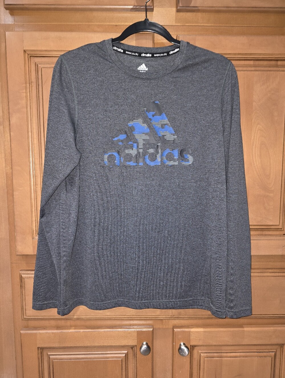 adidas Gray Long-Sleeve Logo Tee with Blue Accent Youth XL